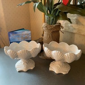 2 Vintage White Scalloped Shell footed, Planters or Bowls, multi uses.
